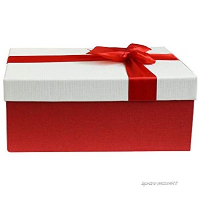 Emartbuy Luxe Rigide Boîte-Cadeau de Présentation en Forme de Rectangle 31 x 21 x 15 cm Boîte Rouge Avec Couvercle de Couleur Cème Intérieur Brun Chocolat et Ruban Décoratif Satiné