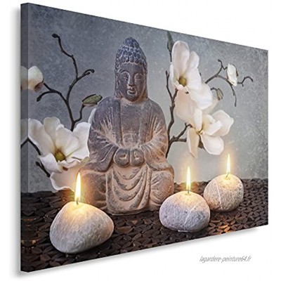 Feeby Frames Tableau imprimé XXL Tableau imprimé sur Toile Tableau Deco Canvas 80x120 cm Bouddha Culture Bougies Fleurs Zen