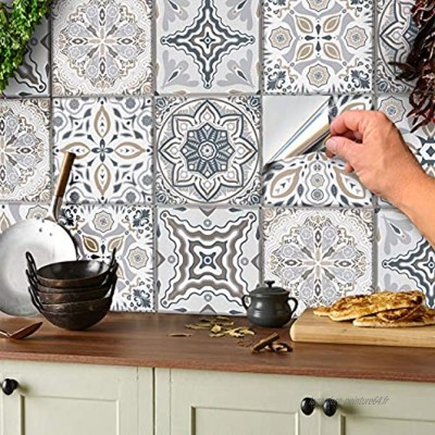 24 Stickers muraux gris et blancs autocollants de carreaux adhésifs carrés plats de 15x15 cm avec motifs de carrelage pour salle de bain ou cuisine autocollant