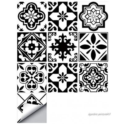 decalmile 10 Pièces Stickers Carrelage 15x15cm Classique Noir et Blanc Marocain Carrelage Adhésif Mural Cuisine Salle de Bain Carreaux de Ciment Mural Décoration