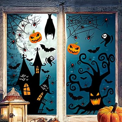 Halloween Fenêtre Autocollants 9 Feuilles 150 Pièces Amovible Décorations d'Halloween Sticker Citrouille Chauve-Souris Fantôme Autocollants Décoration de Fête d'Halloween pour Maisons Hantées