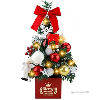 Hileyu Arbre de Noël de Table de 45 cm,Arbre de Noël Vert Artificiel Mini Arbres de Noël de Bureau décorés de guirlandes Lumineuses à LED et d'ornements pour Noël,Mini Sapin de Noël DIY