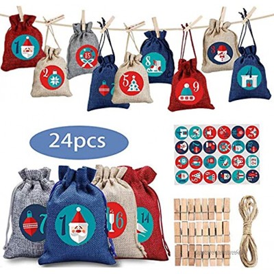 Hatonky Lot de 24 calendriers de l'Avent à remplir – sacs en tissu – Sachets cadeaux de Noël avec chiffres autocollants + mini pinces en bois et 10 m de corde de jute et de chanvre calendrier de Noël