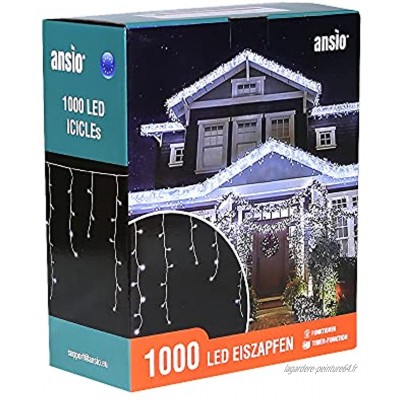 Guirlande Lumineuse Stalactite 1000 LED Blanc brillant lumières de Noël extérieure & intérieure avec 8 fonctions de mode Alimentation Secteur avec Longueur éclairée 35m Câble Blanc