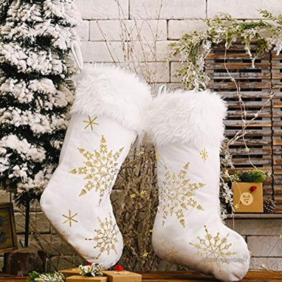 Mauts Lot de 2 chaussettes de Noël blanches de 50,8 cm avec flocons de neige et perles dorées À utiliser comme boîte cadeau ou décoration de cheminée