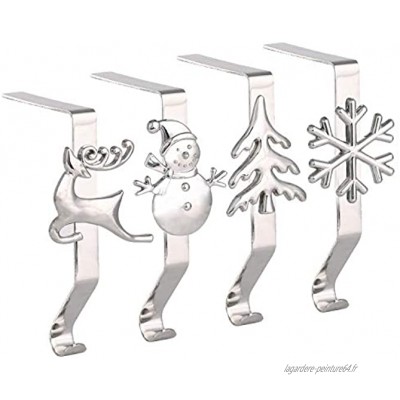 Yuokwer Lot de 4 supports pour chaussettes de Noël – Différents motifs pour cheminée crochet pour décoration de Noël Argent lot de 4