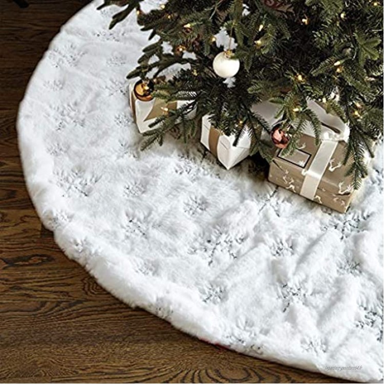 Lalent Jupe de sapin de Noël blanche 91,4 cm de luxe en peluche brodée flocon de neige fausse fourrure pour décoration de Noël blanc argenté