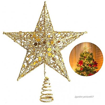 Envysun Cimier de sapin de Noël en forme d'étoile 25,4 cm Fil creux Paillettes Décoration légère Décoration de fête doré