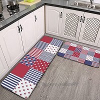 Lot de 2 tapis de cuisine lavables antidérapants pour intérieur ou extérieur Motif patchwork américain Rouge blanc bleu