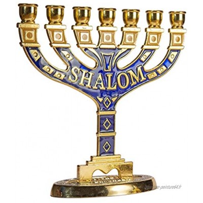 JL Kippha's Bougeoir décoratif doré de Jérusalem à 7 branches Symbole juif 16 x 16 cm
