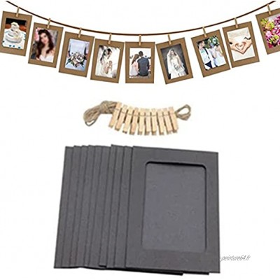 Cardboard Photo Frames,Wooden Picture Frame with Clips to Hang Photos,DIY Creative Retro Kraft Paper Picture Mats with Mini Wooden Clips and Hemp Ropes for Home Room Wall Decor 3 Colors Black