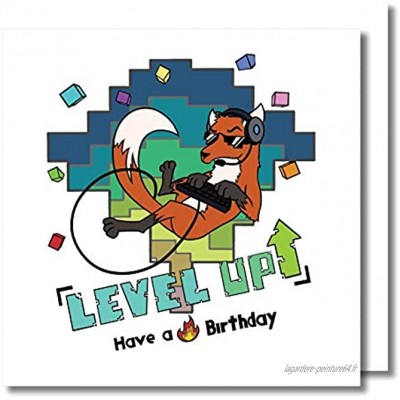 Carte d'anniversaire renard – Level Up Have a Flaming-Fire Birthday – pour les joueurs partout – Bleu sur un blanc – Intérieur vierge