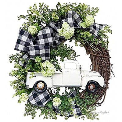 TLM Toys Couronne artificielle d'automne décoration rétro de camion avec ruban à carreaux de buffle décoration d'Halloween couronne de buis à suspendre pour maison de ferme patio jardin