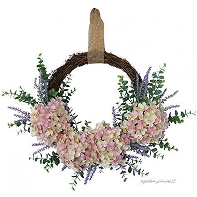 Wyi Couronne d'hortensia artificielle de 45,7 cm pour porte d'entrée blanc et rose faite à la main couronne florale avec feuilles vertes couronne de printemps décorative pour mur